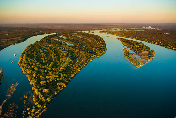 The Zambezi river winding through islands at golden hour